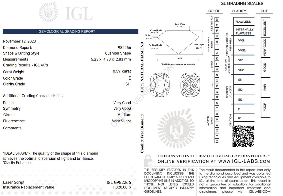 0.59 Carat Natural Cushion-Cut Diamond – E Color, SI1 Clarity | IGL Certified