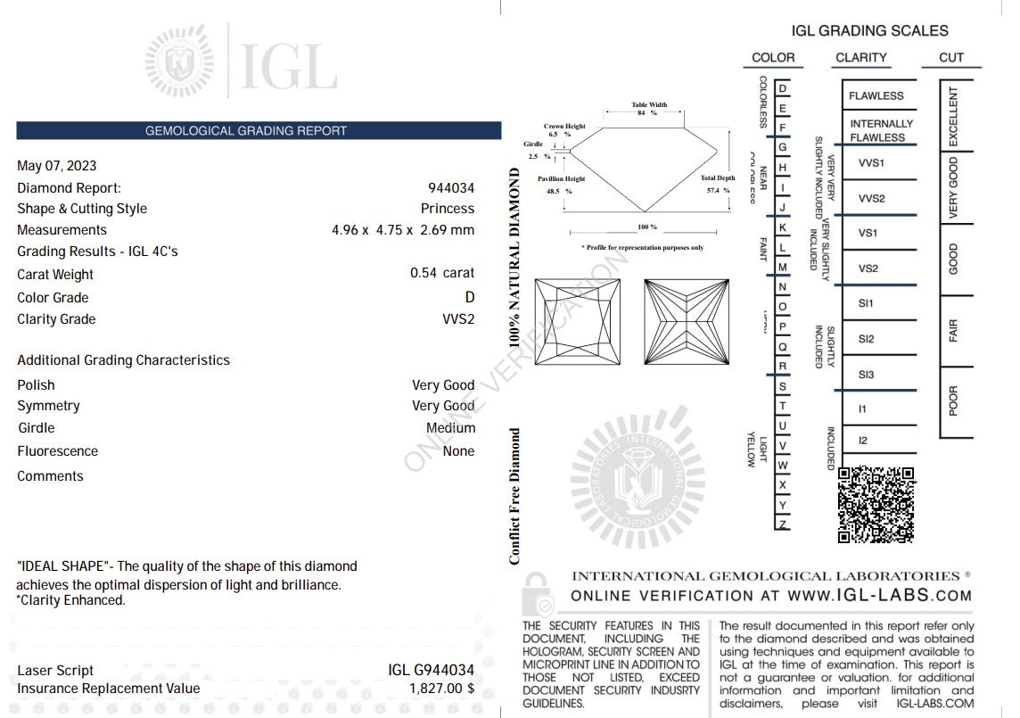 0.54 Carat Natural Princess-Cut Diamond – D Color, VVS2 Clarity | IGL Certified