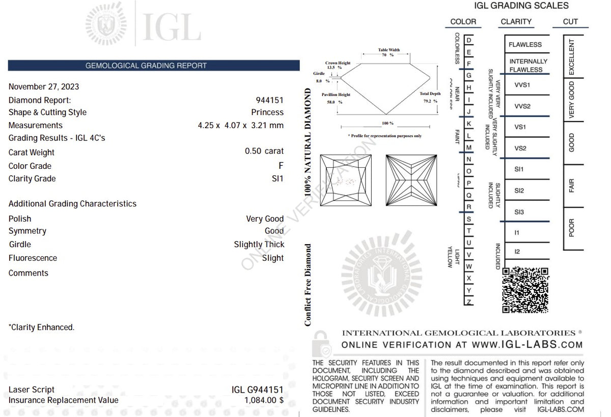 0.50 Carat Natural Princess-Cut Diamond – F Color, SI1 Clarity | IGL Certified