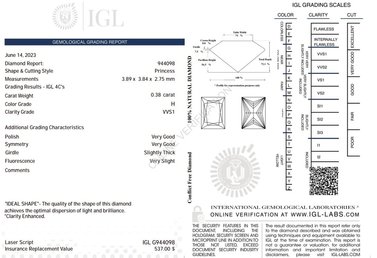 0.38 Carat Natural Princess-Cut Diamond – H Color, VVS1 Clarity | IGL Certified