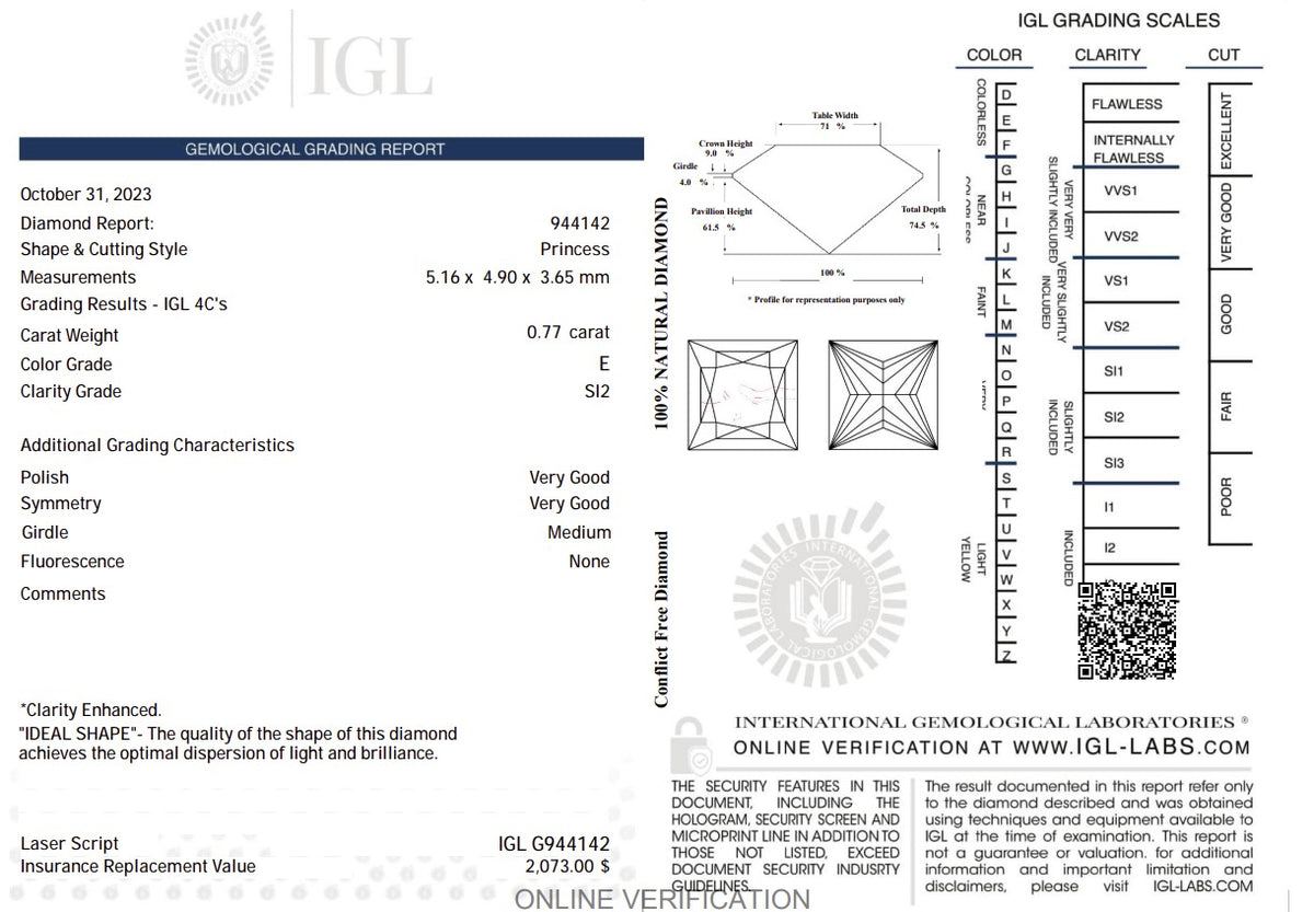 0.77 Carat Natural Princess-Cut Diamond – E Color, SI2 Clarity | IGL Certified