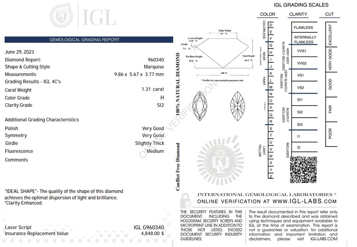 1.31 Carat Natural Marquise-Cut Diamond – H Color, SI2 Clarity | IGL Certified