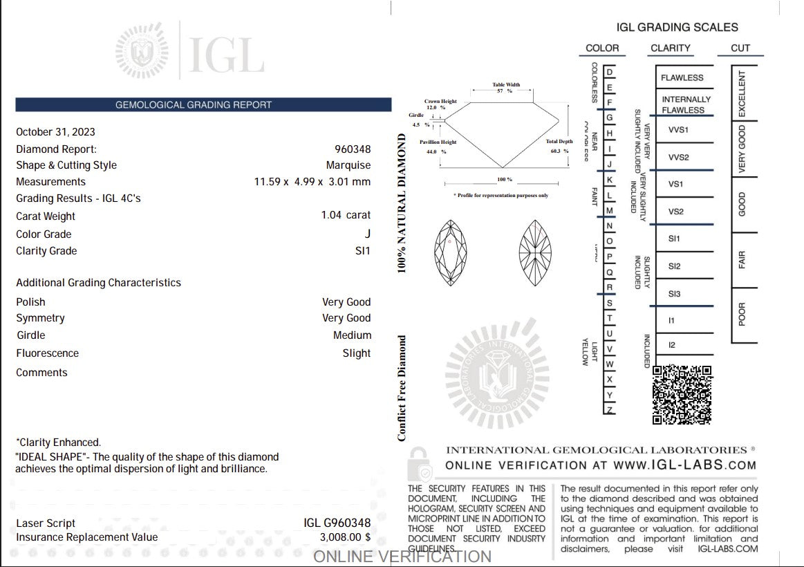 1.04 Carat Natural Marquise-Cut Diamond – J Color, SI1 Clarity | IGL Certified
