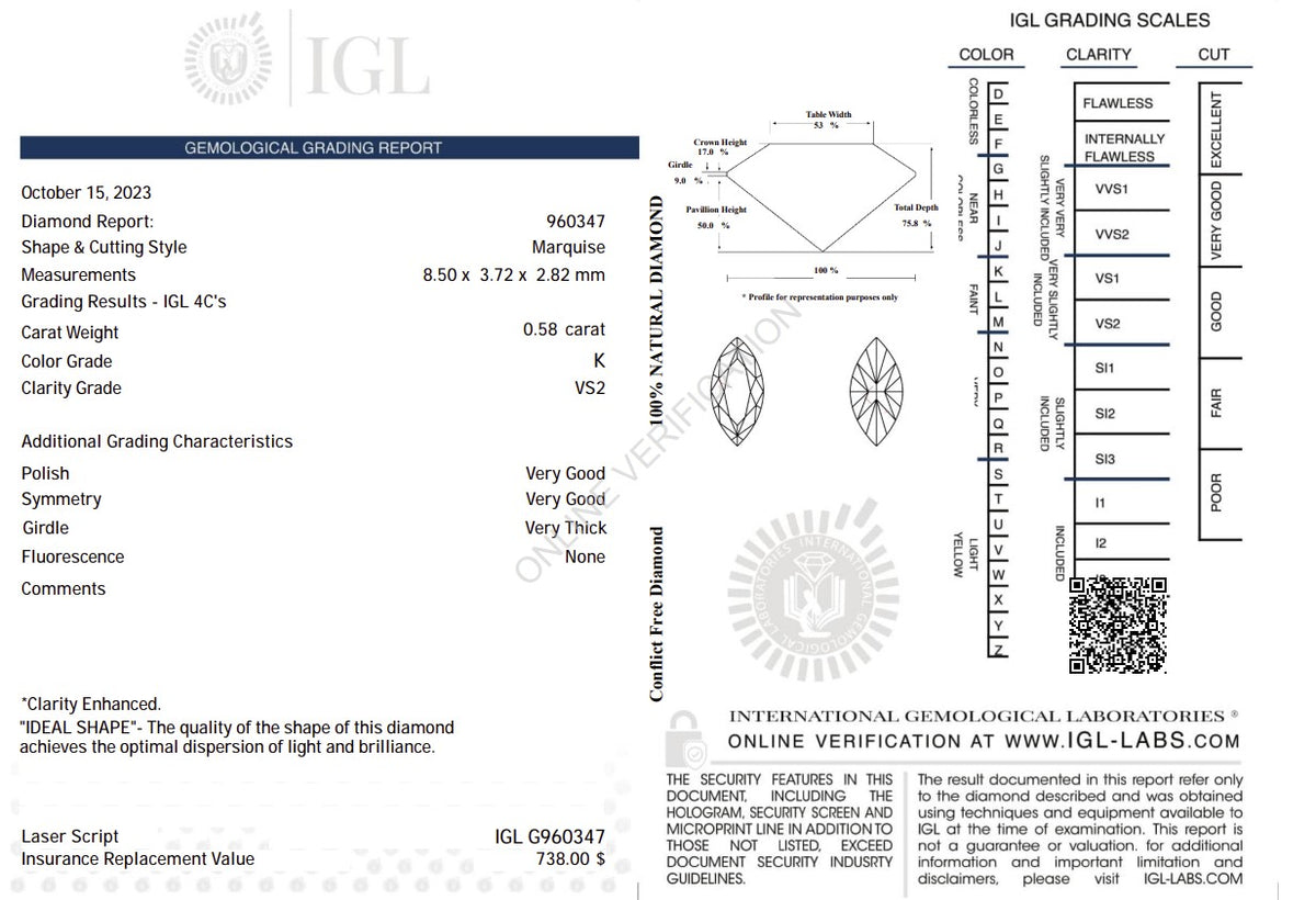 0.58 Carat Natural Marquise-Cut Diamond – K Color, VS2 Clarity | IGL Certified