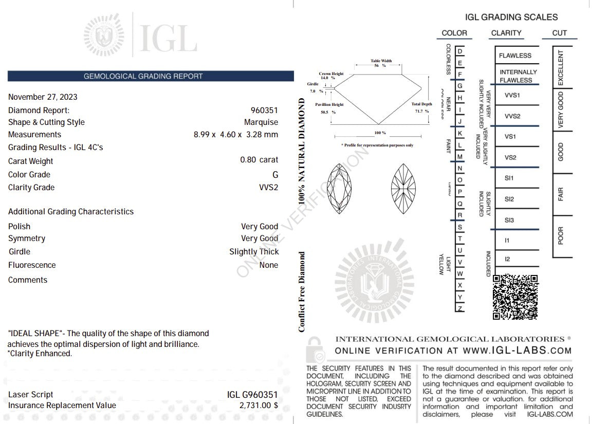 0.80 Carat Natural Marquise-Cut Diamond – G Color, VVS2 Clarity | IGL Certified