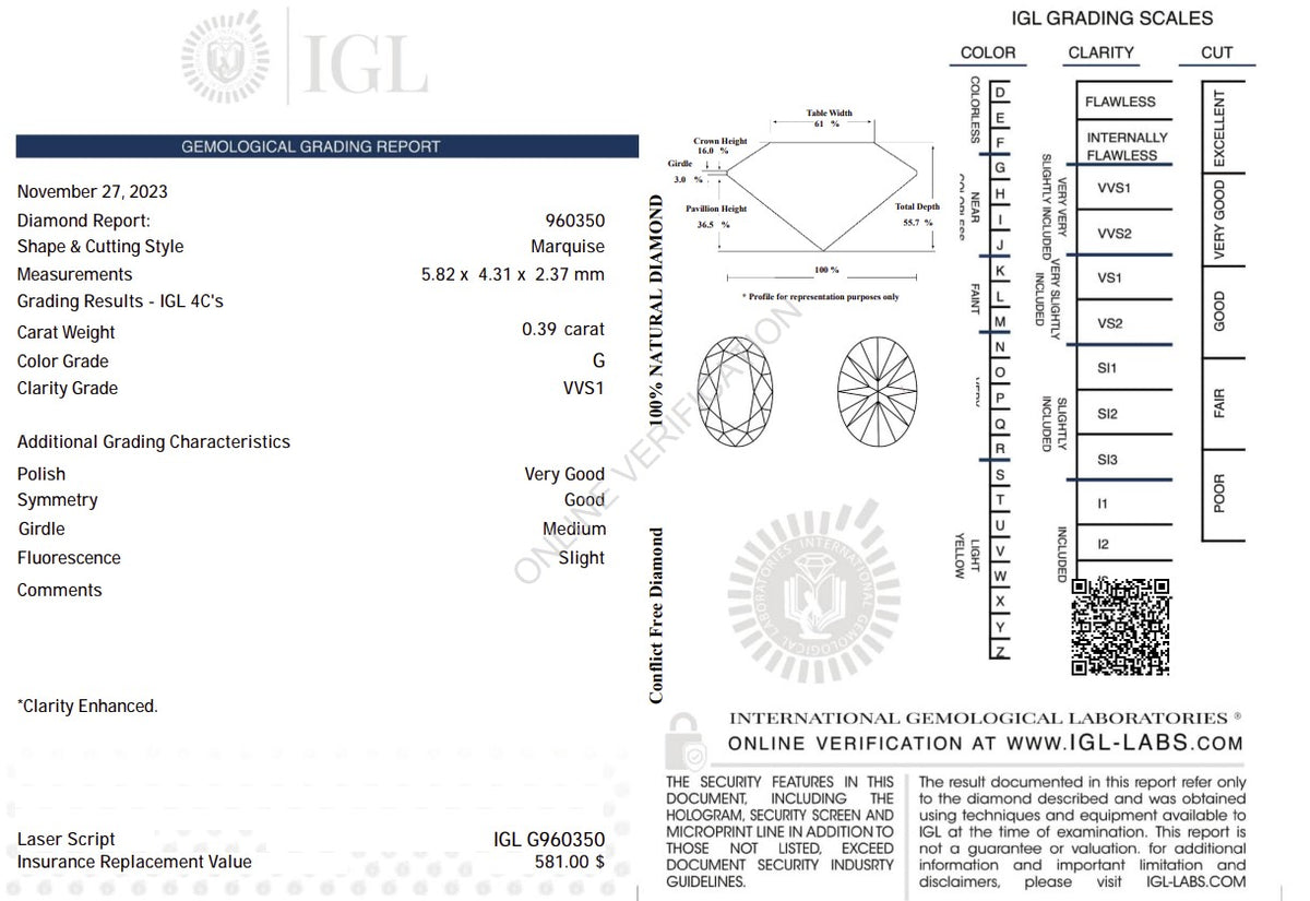0.39 Carat Natural Marquise-Cut Diamond – G Color, VVS1 Clarity | IGL Certified