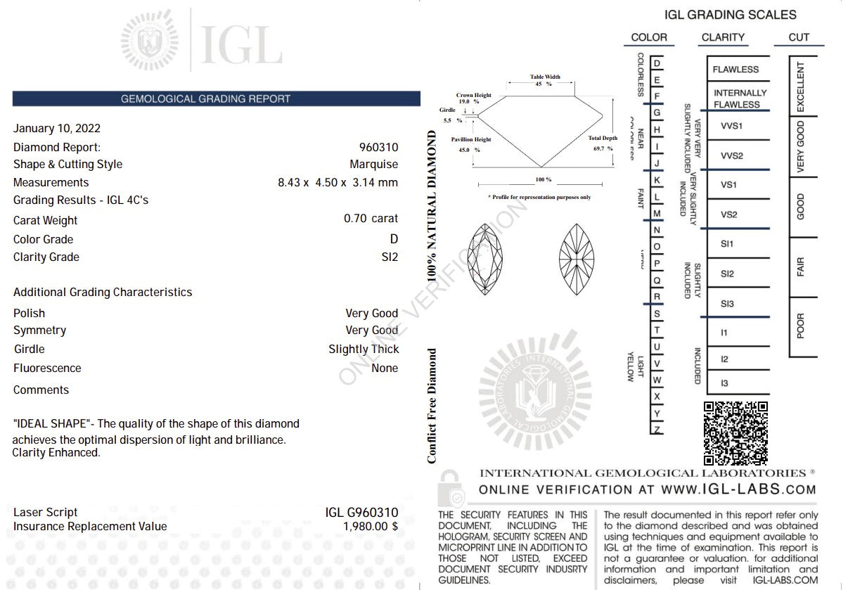 0.70 Carat D Color Natural Marquise-Cut Diamond – SI2 Clarity | IGL Certified Secondary image