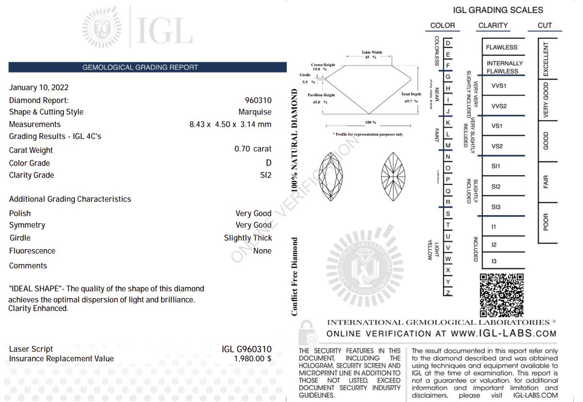 0.70 Carat D Color Natural Marquise-Cut Diamond – SI2 Clarity | IGL Certified