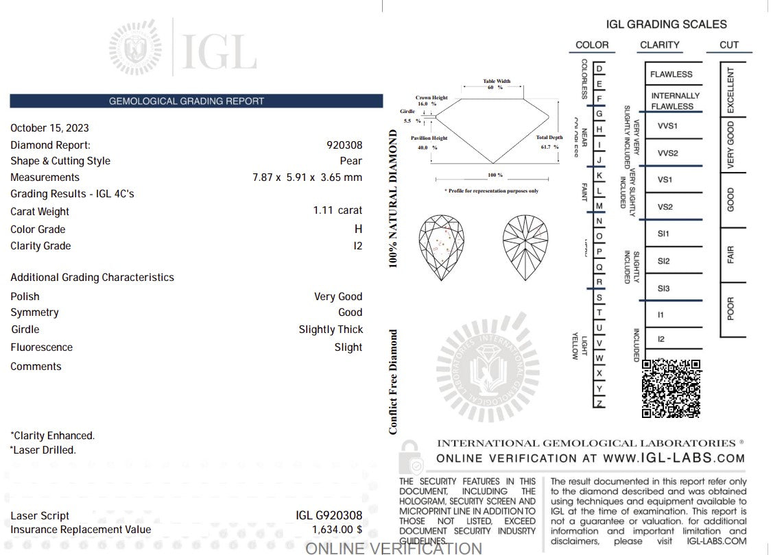 1.11 Carat H Color Natural Pear-Cut Diamond – I2 Clarity | IGL Certified