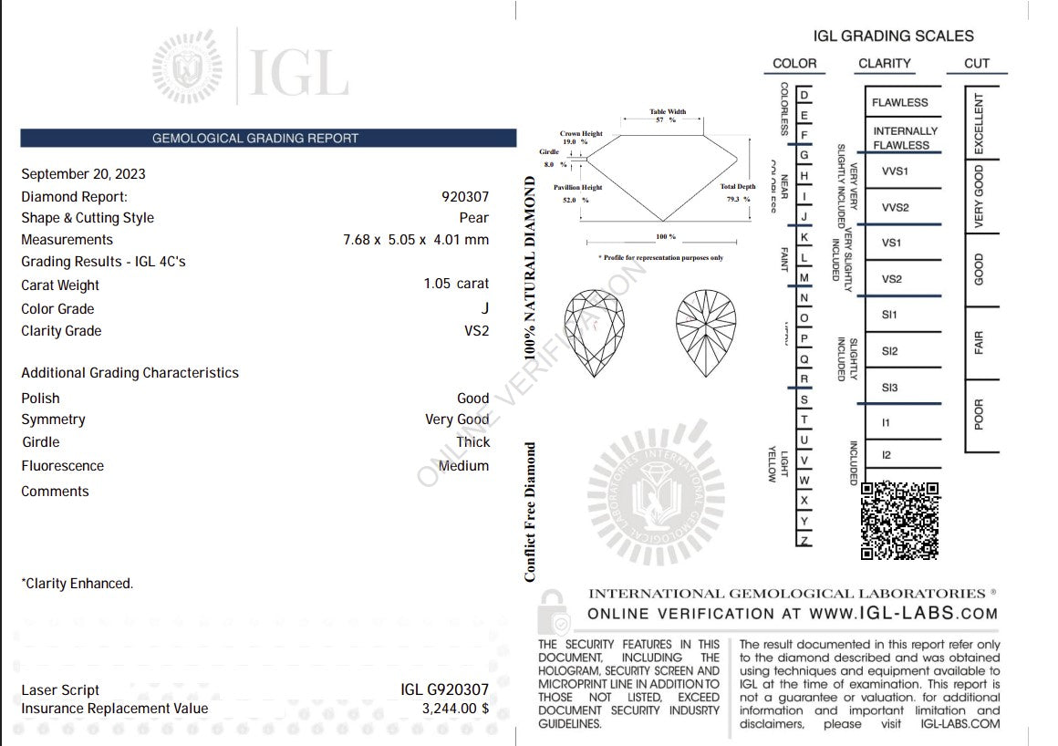 1.05 Carat J Color Natural Pear-Cut Diamond – VS2 Clarity | IGL Certified