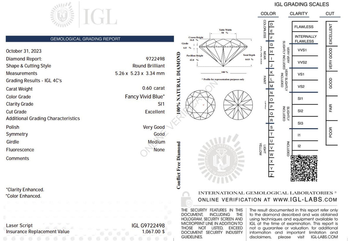 0.60 Carat Fancy Vivid Blue Natural Diamond – Round Brilliant | SI1 Clarity | IGL Certified
