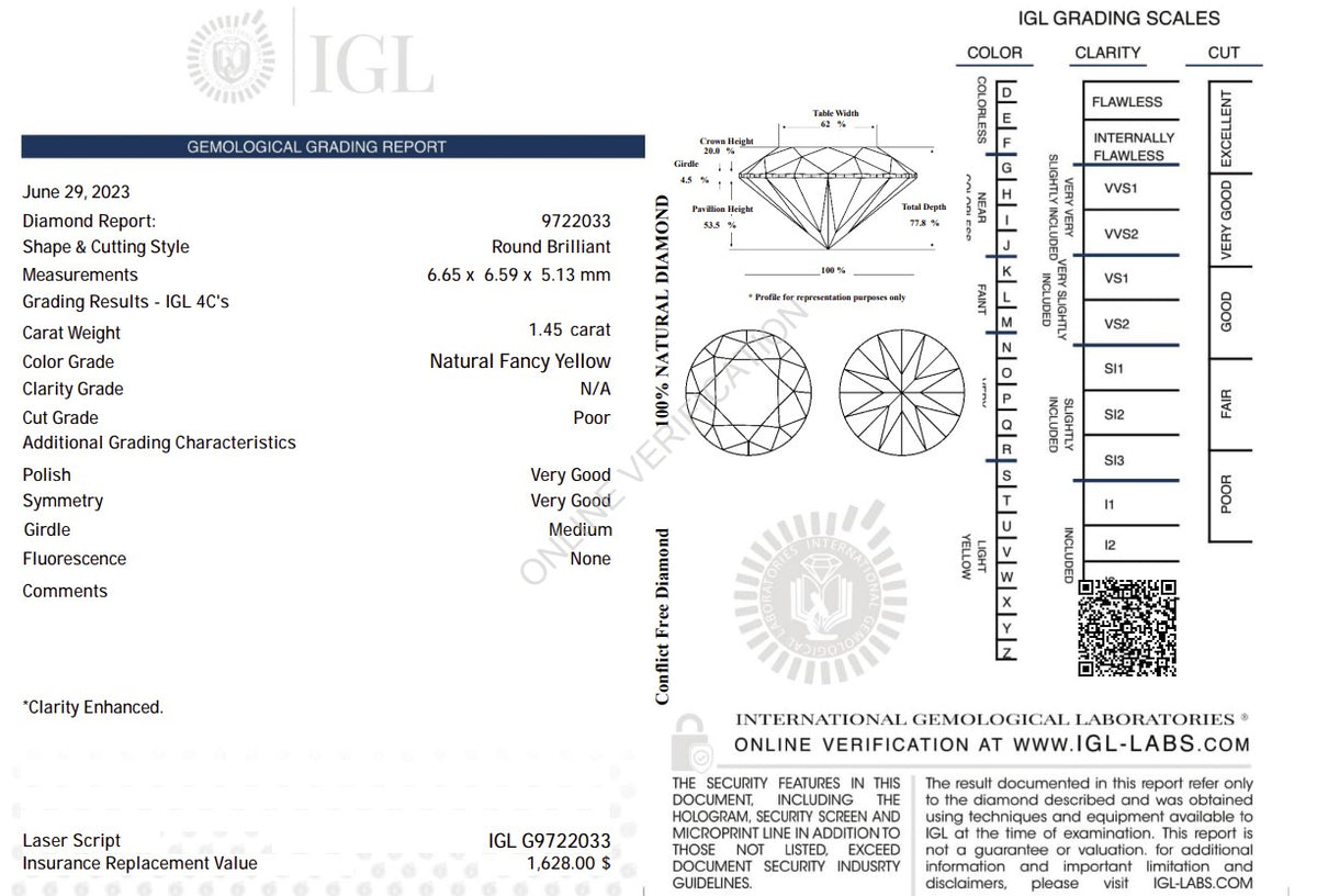 1.45 Carat Natural Fancy Yellow Diamond – Round Brilliant | IGL Certified