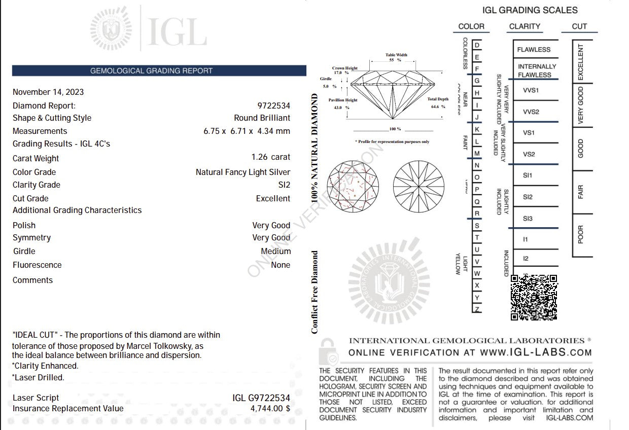 1.26 Carat Natural Fancy Light Silver Diamond – Round Brilliant | SI2 Clarity | Excellent Cut | IGL Certified Secondary image
