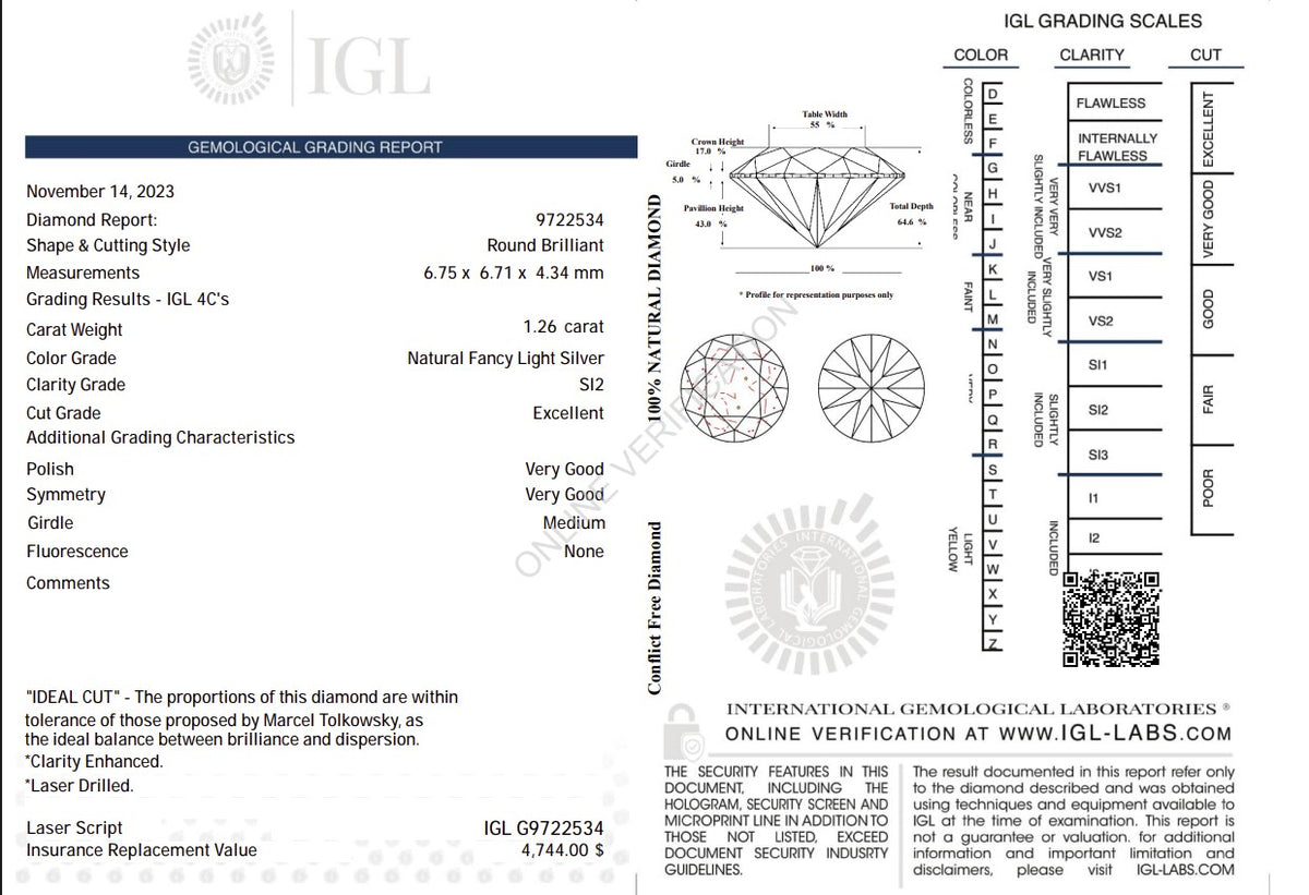 1.26 Carat Natural Fancy Light Silver Diamond – Round Brilliant | SI2 Clarity | Excellent Cut | IGL Certified