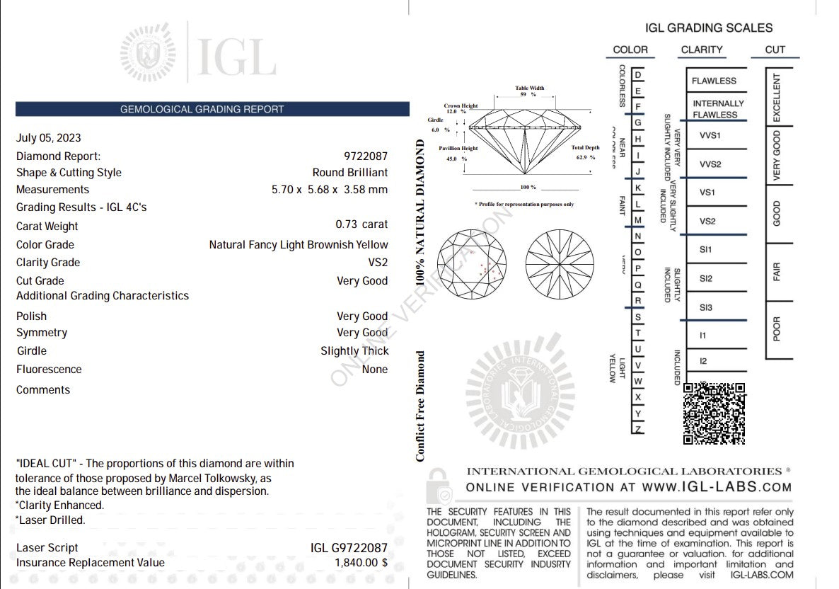 0.73 Carat Natural Fancy Light Brownish Yellow Diamond – Round Brilliant | VS2 Clarity | IGL Certified