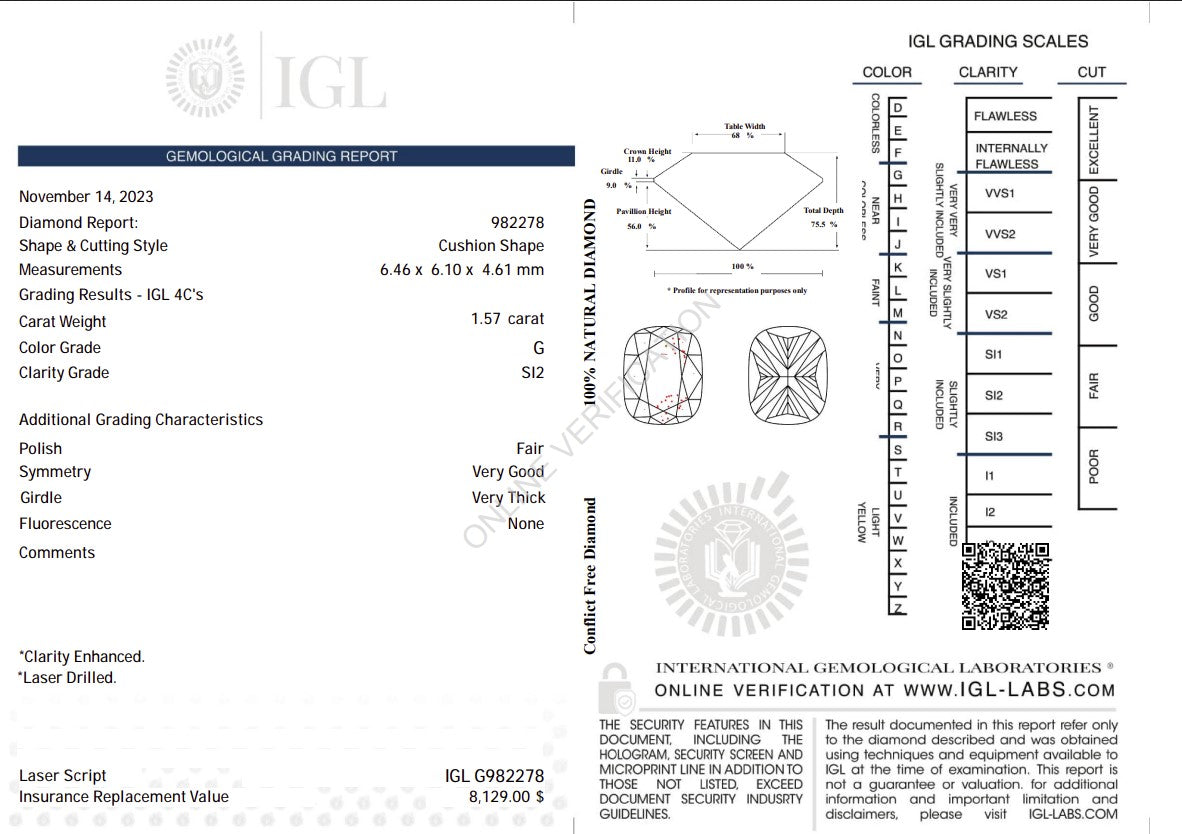 1.57 Carat G Color Natural Diamond – Cushion Shape | SI2 Clarity | IGL Certified