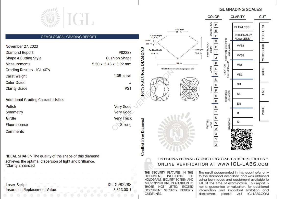 1.05 Carat J Color Natural Diamond – Cushion Shape | VS1 Clarity | IGL Certified Secondary image