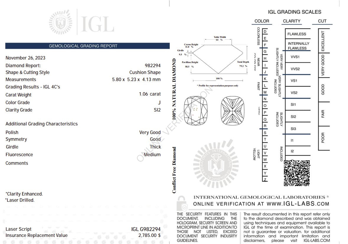 1.06 Carat J Color Natural Diamond – Cushion Shape | SI2 Clarity | IGL Certified Secondary image