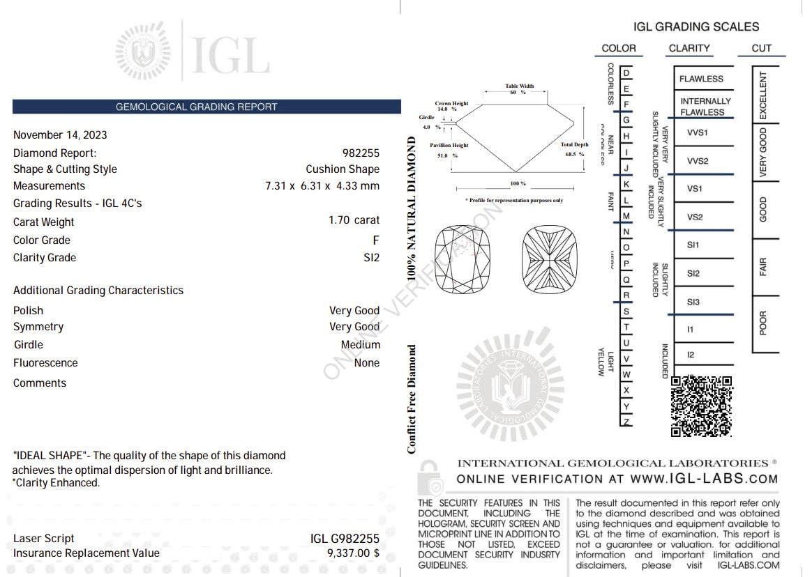 1.70 Carat F Color Natural Diamond – Cushion Shape | SI2 Clarity | IGL Certified