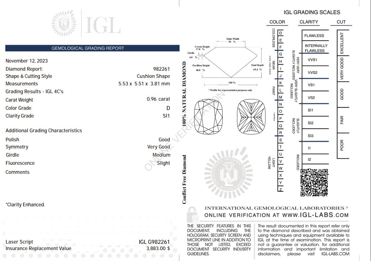 0.96 Carat D Color Natural Diamond – Cushion Shape | SI1 Clarity | IGL Certified Secondary image