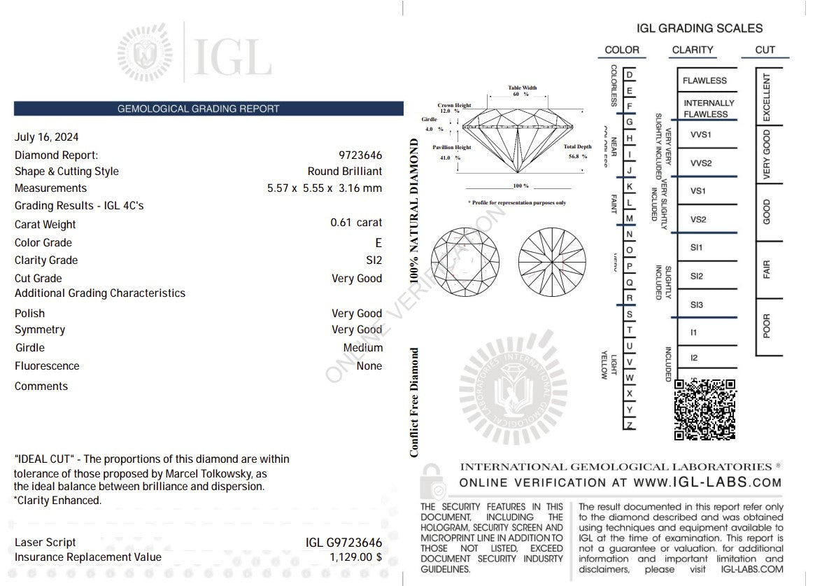 0.61 Carat E Color Natural Diamond – Round Brilliant | SI2 Clarity | IGL Certified