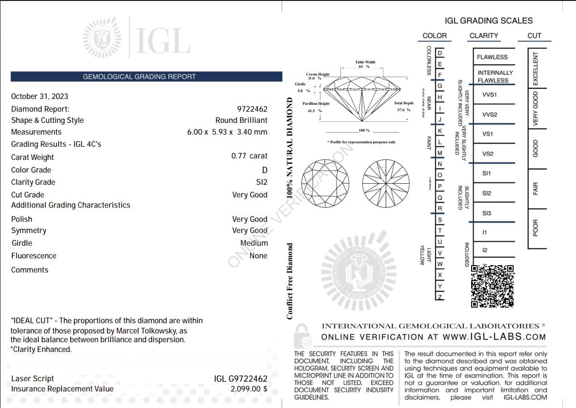 0.77 Carat D Color Natural Diamond – Round Brilliant | SI2 Clarity | IGL Certified Secondary image