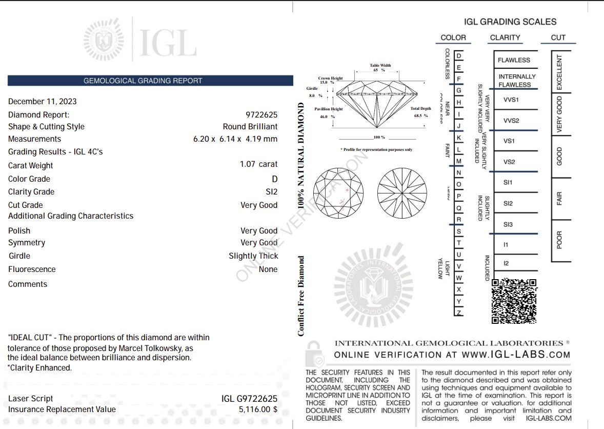 1.07 Carat D Color Natural Diamond – Round Brilliant | SI2 Clarity | IGL Certified Secondary image