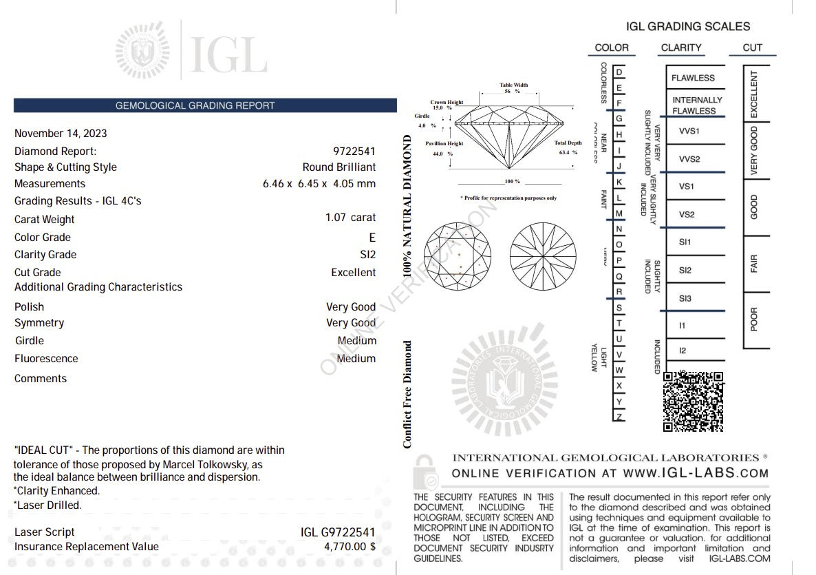 1.07 Carat E Color Natural Diamond – Round Brilliant | SI2 Clarity | Excellent Cut | IGL Certified Secondary image