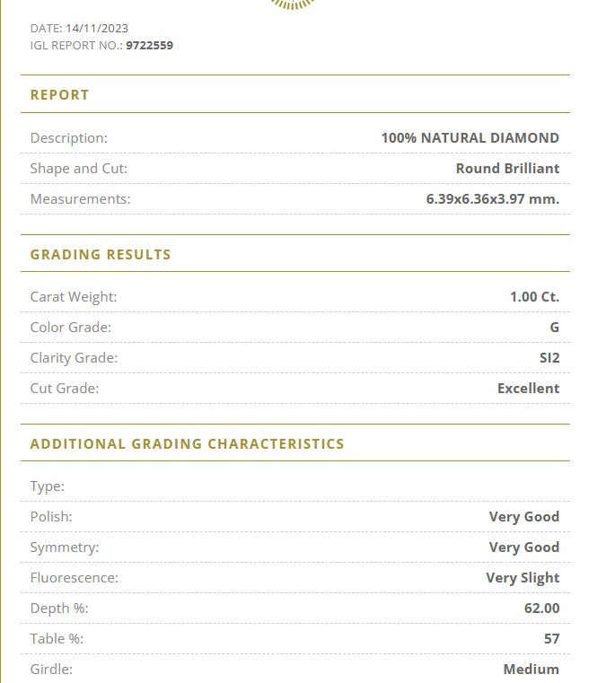 1.00 Carat G Color Natural Diamond – Round Brilliant | SI2 Clarity | Excellent Cut | IGL Certified