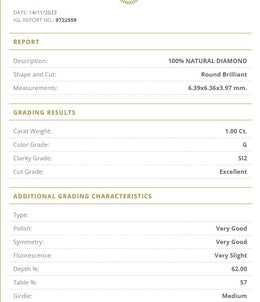1.00 Carat G Color Natural Diamond – Round Brilliant | SI2 Clarity | Excellent Cut | IGL Certified