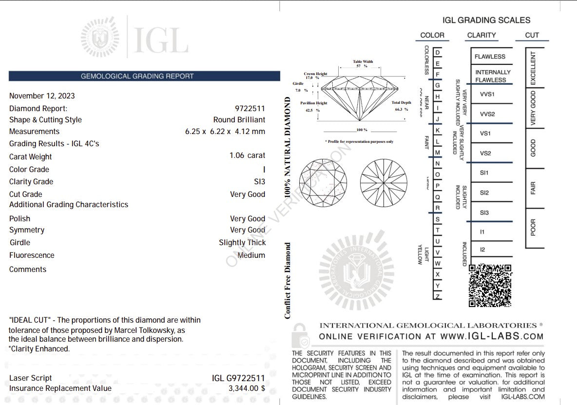 1.06 Carat I Color Natural Diamond – Round Brilliant | SI3 Clarity | Very Good Cut | IGL Certified