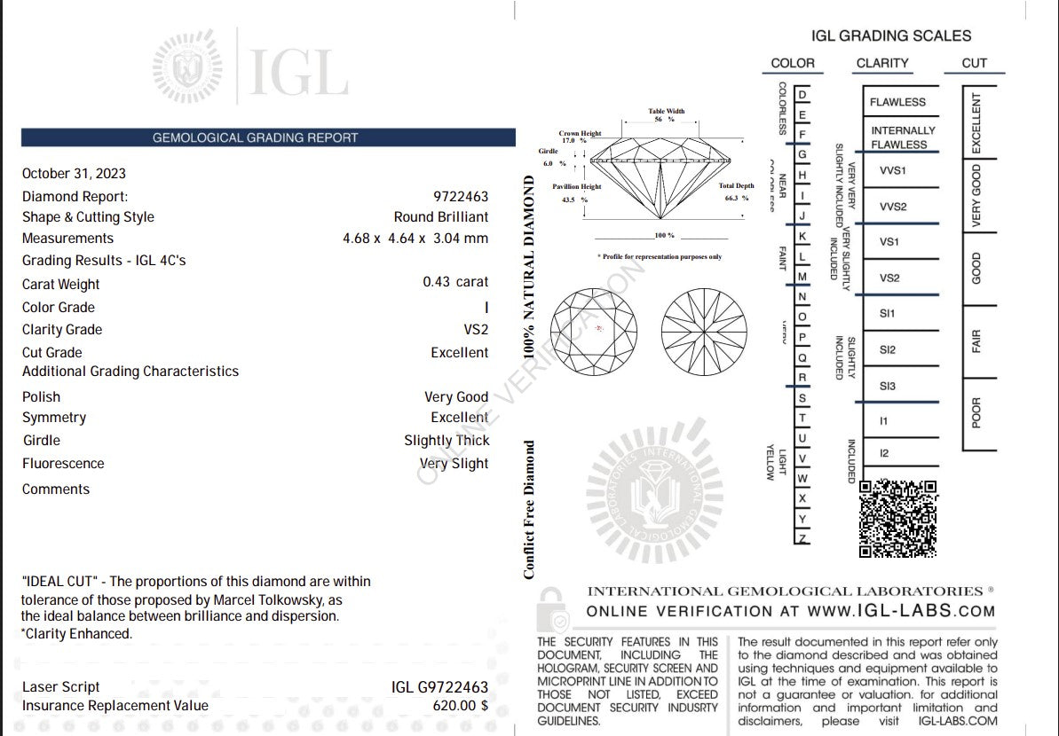0.43 Carat J Color Natural Diamond – Round Brilliant | VS2 Clarity | Excellent Cut | IGL Certified
