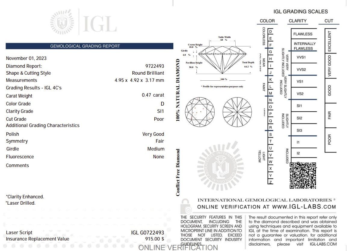 0.47 Carat D Color Natural Diamond – Round Brilliant | SI1 Clarity | IGL Certified