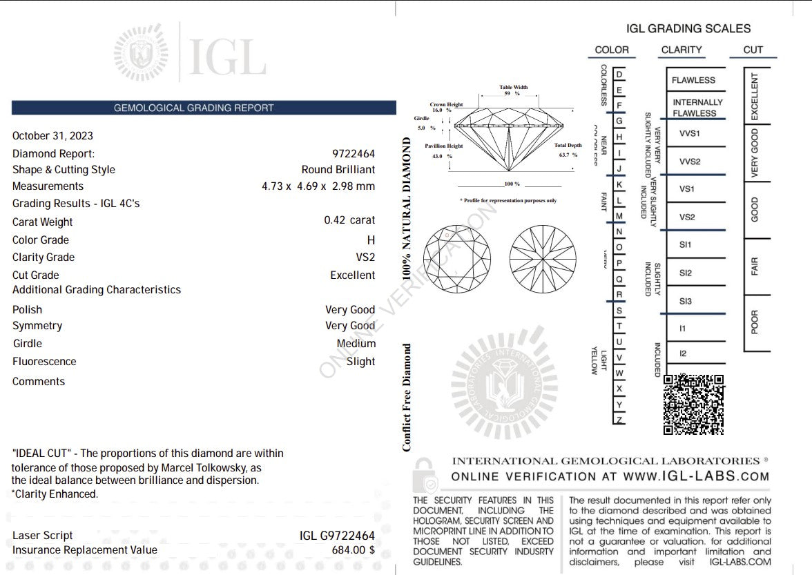 0.42 Carat H Color Natural Diamond – Round Brilliant | VS2 Clarity | Excellent Cut | IGL Certified Secondary image