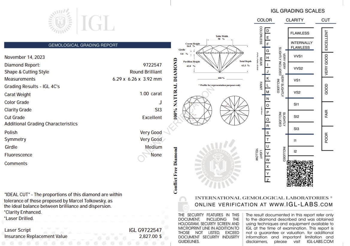 1.00 Carat J Color Natural Diamond – Round Brilliant | SI3 Clarity | Excellent Cut | IGL Certified