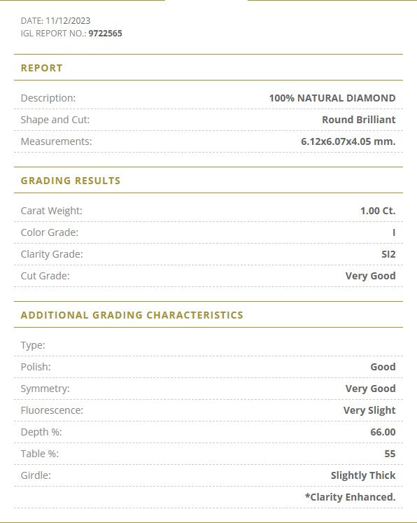 1.00 Carat I Color Natural Diamond – Round Brilliant | SI2 Clarity | Very Good Cut | IGL Certified