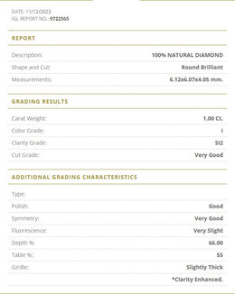 1.00 Carat I Color Natural Diamond – Round Brilliant | SI2 Clarity | Very Good Cut | IGL Certified