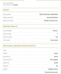 1.00 Carat I Color Natural Diamond – Round Brilliant | SI2 Clarity | Very Good Cut | IGL Certified