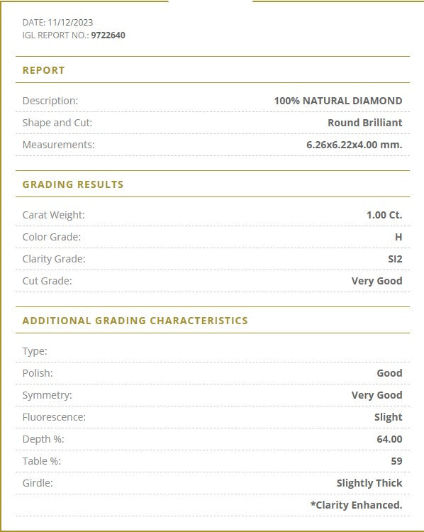1.00 Carat H Color Natural Diamond – Round Brilliant | SI2 Clarity | Very Good Cut | IGL Certified