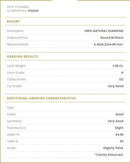 1.00 Carat H Color Natural Diamond – Round Brilliant | SI2 Clarity | Very Good Cut | IGL Certified