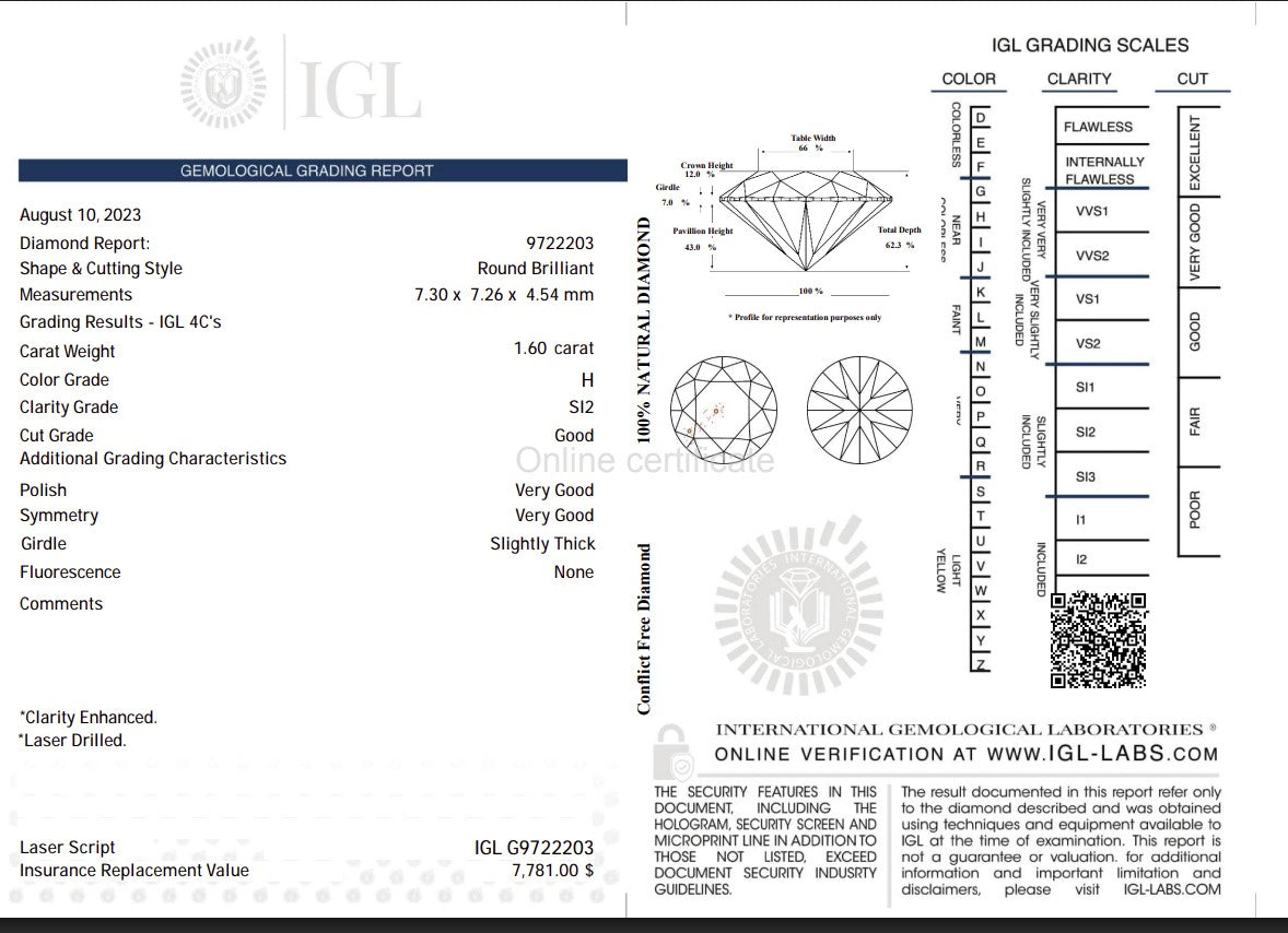 1.60 Carat H Color Natural Diamond – Round Brilliant | SI2 Clarity | Good Cut | IGL Certified