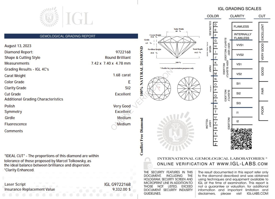 1.68 Carat E Color Natural Diamond – Round Brilliant | SI2 Clarity | Excellent Cut | IGL Certified