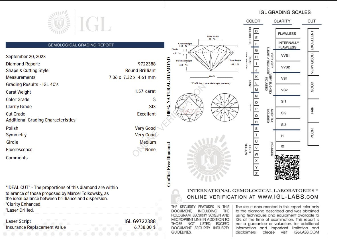 1.57 Carat Natural Diamond – Round Brilliant | G Color | SI3 Clarity | Excellent Cut | IGL Certified