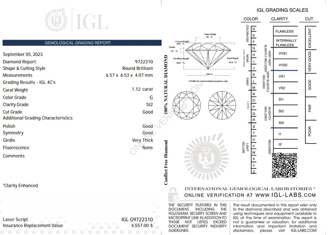 1.12 Carat Natural Diamond – Round Brilliant | G Color | SI2 Clarity | IGL Certified