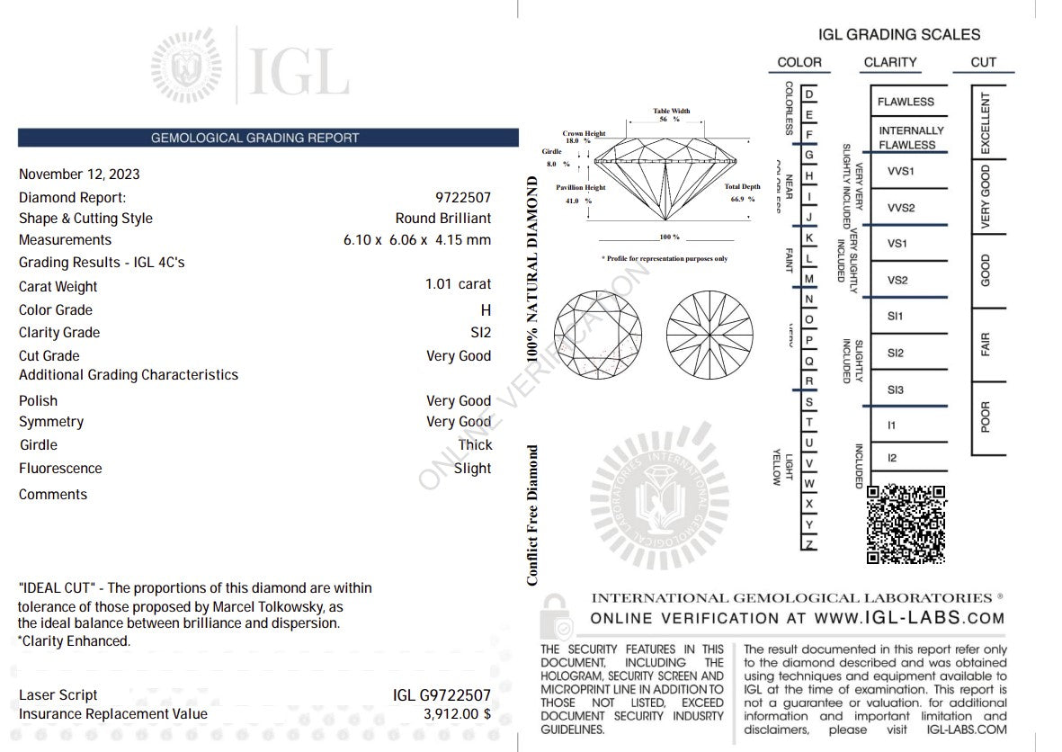 1.01 Carat Natural Diamond – Round Brilliant | H Color | SI2 Clarity | IGL Certified Secondary image