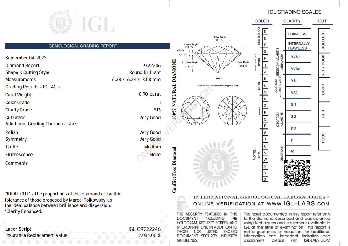 0.90 Carat Natural Diamond – Round Brilliant | I Color | SI3 Clarity | Very Good Cut | IGL Certified