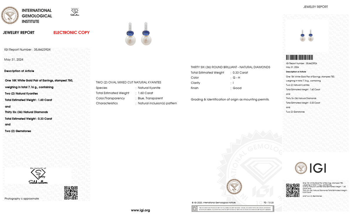 Kyanite, Diamond & Pearl Drop Earrings in 18K White Gold – IGI Certified-Saleh Sallom