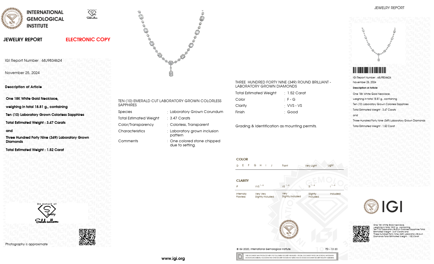 Lab-Grown Sapphire & Lab-Grown Diamond Necklace in 18K White Gold – IGI Certified-Saleh Sallom