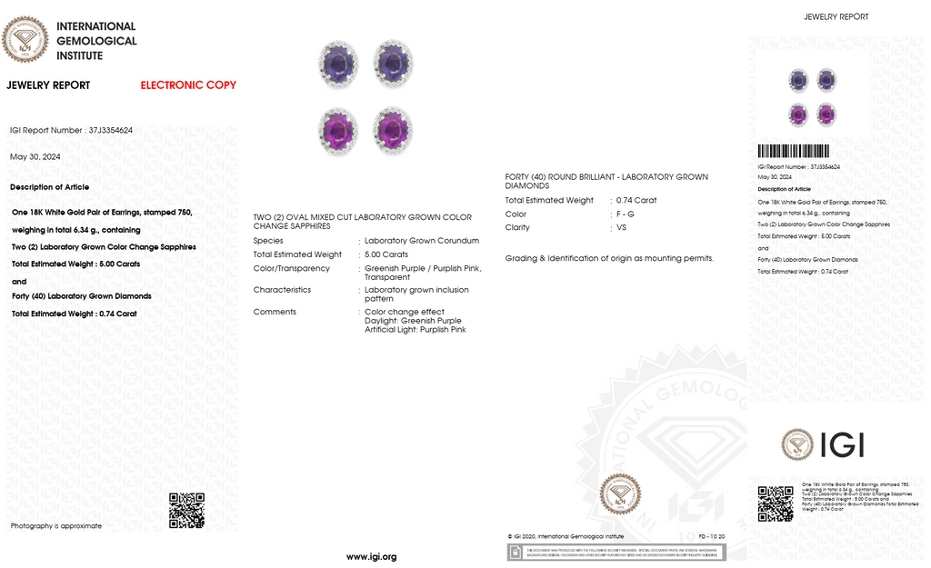 Color-Change Lab-Grown Sapphire & Lab-Grown Diamond Halo Earrings in 18K White Gold – IGI Certified-Saleh Sallom