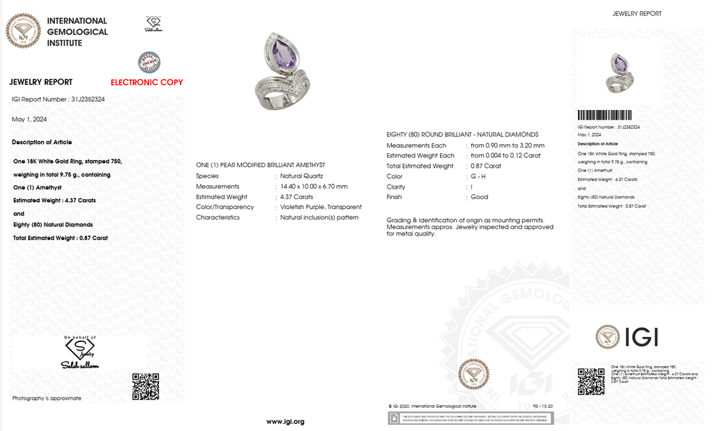 18K White Gold Amethyst & Diamond Ring – IGI Certified-Saleh Sallom